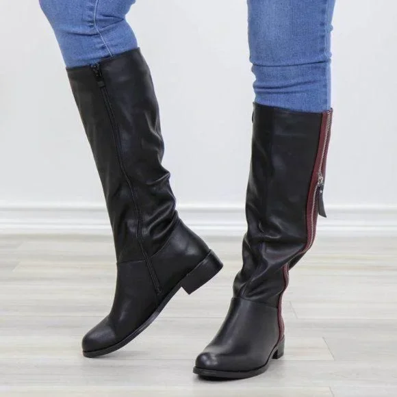 Black Below Knee Rider Boots Light Faux Fur Inside - Picture 6 of 12